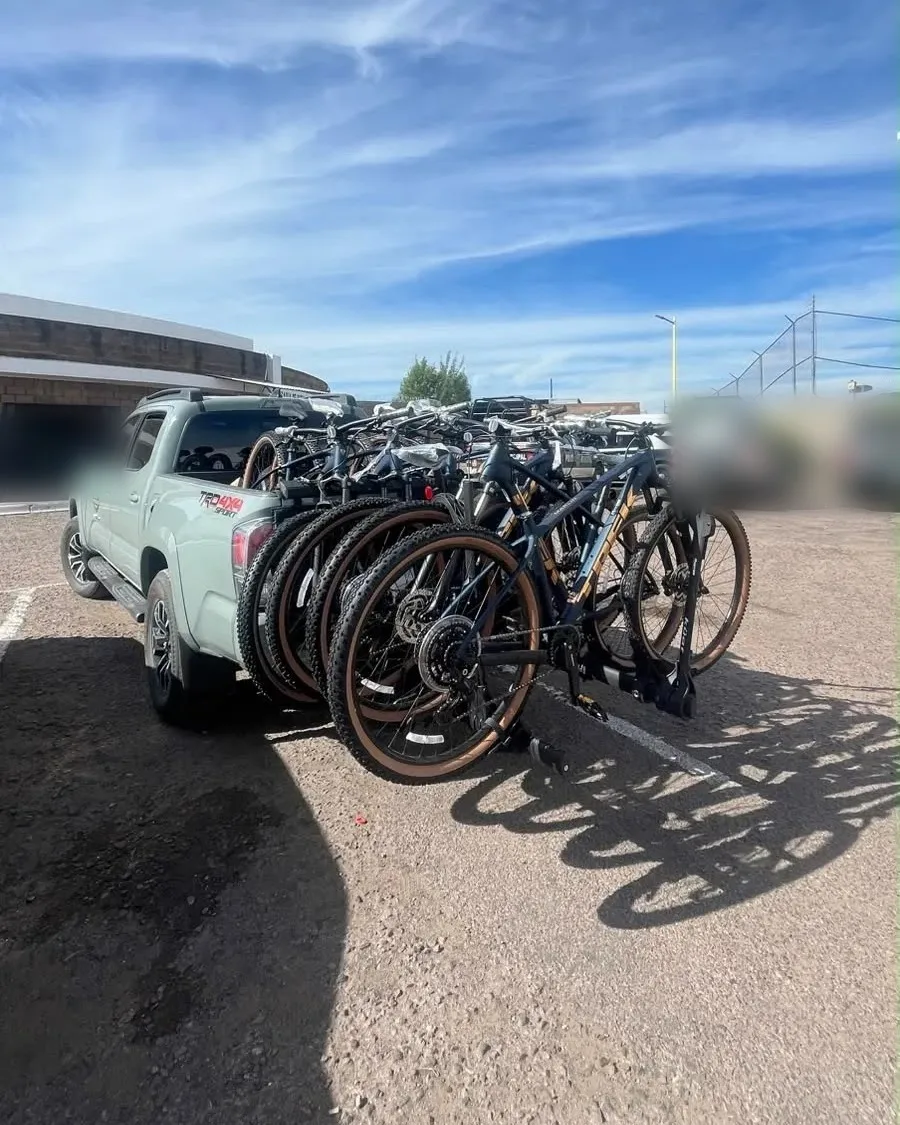 Eight assembled Trek bikes on a truck rack after delivery in Nogales, Sonora